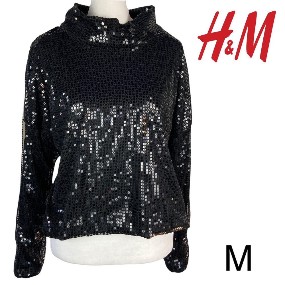 H&M Black Sequined Crop Top long sleeved EUC size Medium